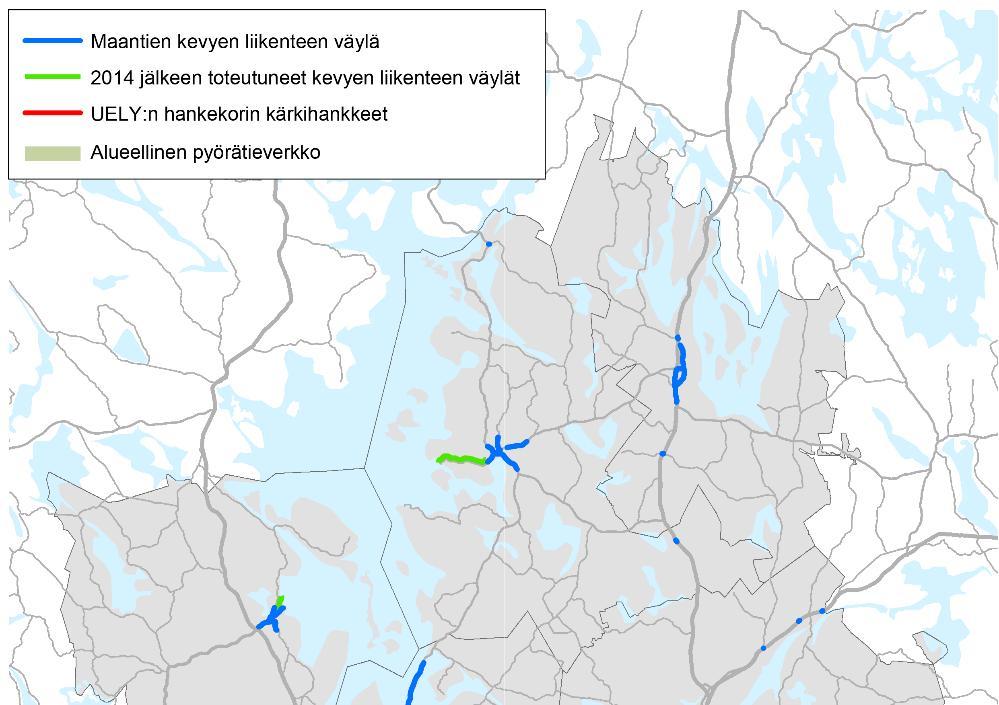 Kävelyn ja pyöräilyn olosuhteet kohtuullisella tasolla Maakunnan taajamissa on pääosin kattava jalankulun ja pyöräilyn verkko, vaikka reuna-alueilla ja