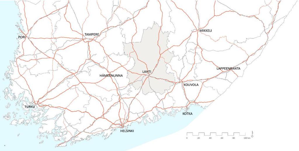 Kuva 10. Päijät-Hämeen sijainti eteläisessä Suomessa. Lahti on maakunnan keskus. Siellä asuu yli puolet maakunnan 208 000 asukkaasta.