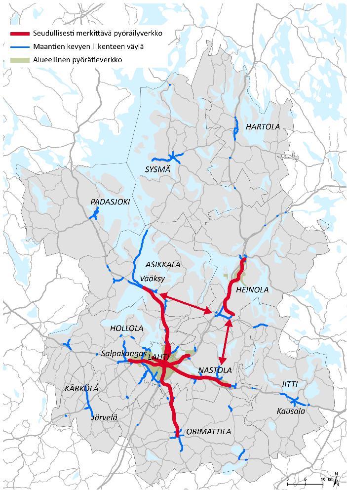 Kuva 17. Seudullisesti merkittävä pyöräilyn tavoiteverkko. Maankäyttöratkaisut vaikuttavat matkojen pituuksiin, jotka ovat keskeinen kulkutavan valintaa ohjaava tekijä.