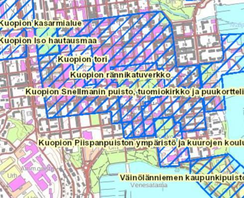 MUSIIKIKESKUKSEN YMPÄRISTÖ JA LUMIT 13 Kuva 12. Ote valtakunnallisesti merkittävät rakennetut kulttuuriympäristöt (RKY) kartasta Kuopion keskustassa Kuva 13.