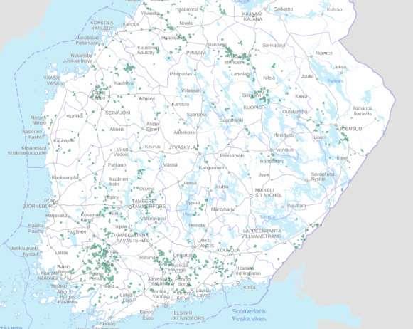 Nurmikasvien siementuotannon sijoittumisesta v. 2015. Yksi ruutu on 1 km x 1 km.