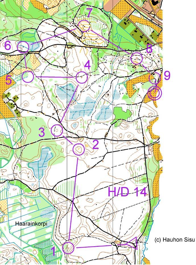 H/D14 Rata tarjoaa erilaisia reitinvalintavaihtoehtoja eri tasoisille suunnistajille. Rytminvaihtoa, polku- ja tievälejä. Eri rastivälit mielellään hieman eri tasoa.