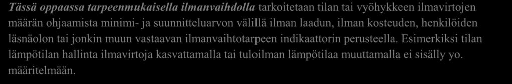 11 4 TARPEENMUKAINEN ILMANVAIHTO E-LUVUN LASKENNASSA Tarpeenmukaisella ilmanvaihdolla varustetussa rakennuksen tilassa, jota ohjataan läsnäoloon tai olosuhdemittaukseen perustuvalla