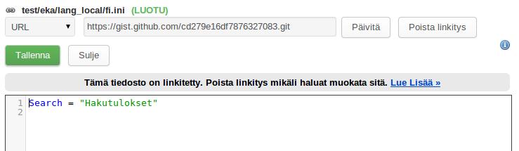 Linkityksen voi purkaa klikkaamalla "Poista linkitys", minkä jälkeen tiedostoa voi jälleen muokata editorissa normaaliin tapaan. Linkityksen purkaminen ei muuta tiedoston sisältöä.