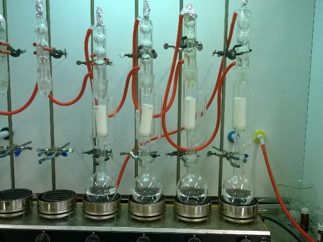 75 a) b) Figure 27. Pictures of a) the Soxhlet extraction set-up, and b) evaporation of sample extracts by nitrogen flow. After the extraction, the obtained extracts were evaporated almost to dryness.