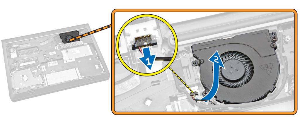 Irrota tuulettimen kaapeli tietokoneesta [1]. b. Vapauta kaapeli paikoiltaan [2]. 5.