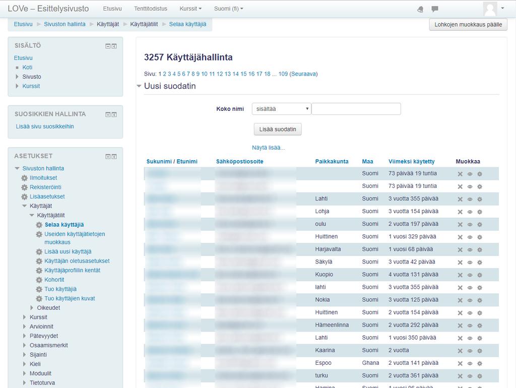 Aukeavalta sivulta löydät LOVe-ympäristösi käyttäjälistan.