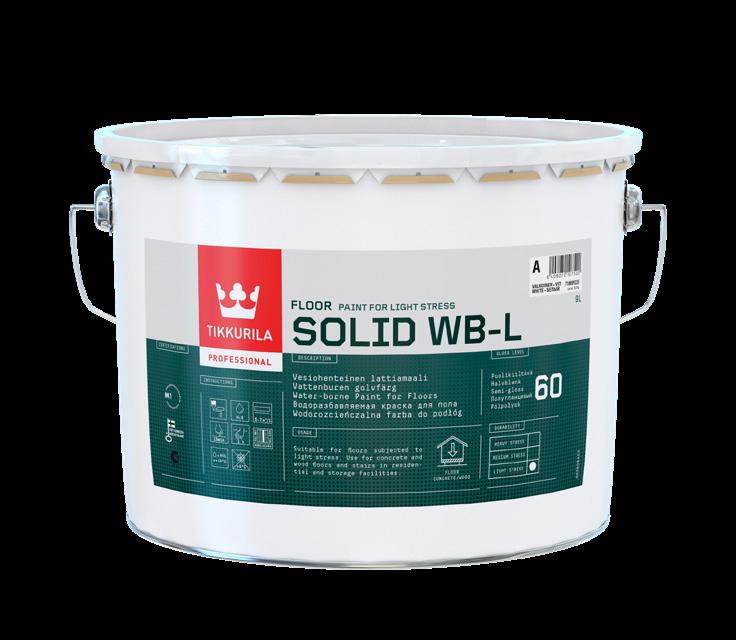 SOLIDtuotevalikoima Solid WB-L lattiamaali Vesiohenteinen polyuretaanivahvisteinen akrylaattimaali betoni- ja puulattioille. Kuivuu nopeasti pölykuiva n. 15 min.