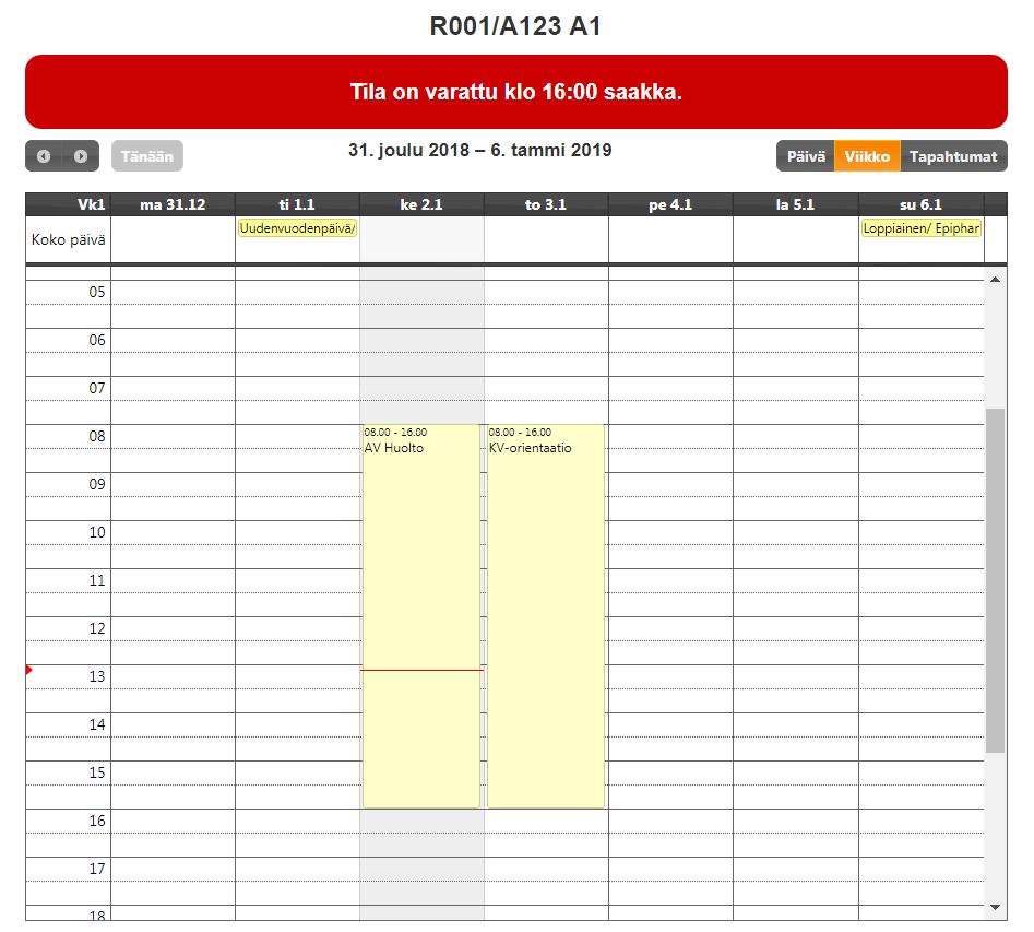 rakennuksen tilojen päivän varaustilanteesta. Urheiluhallin tai kulttuurikeskuksen aulanäyttöön saadaan tuotettua esimerkiksi Tapahtumat tänään -näkymä.