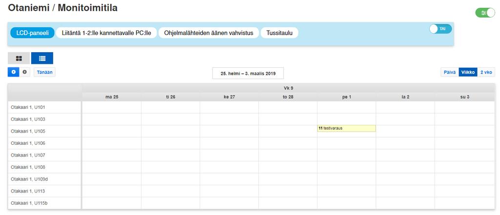 Varauskohteet voidaan järjestää kalenterinäkymään esimerkiksi pystysuunnassa ja viikkonäkymänä. Saatavilla on day, week, 2-week ja month -mode.