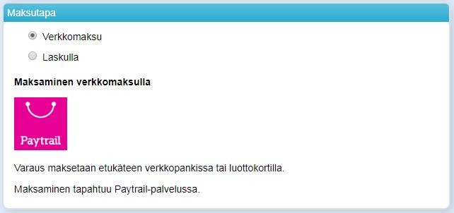 online-ostoskori, jolla käyttäjä vahvistaa ja maksaa varauksensa. Ostoskoriin voi lisätä kerralla useampia varauksia.