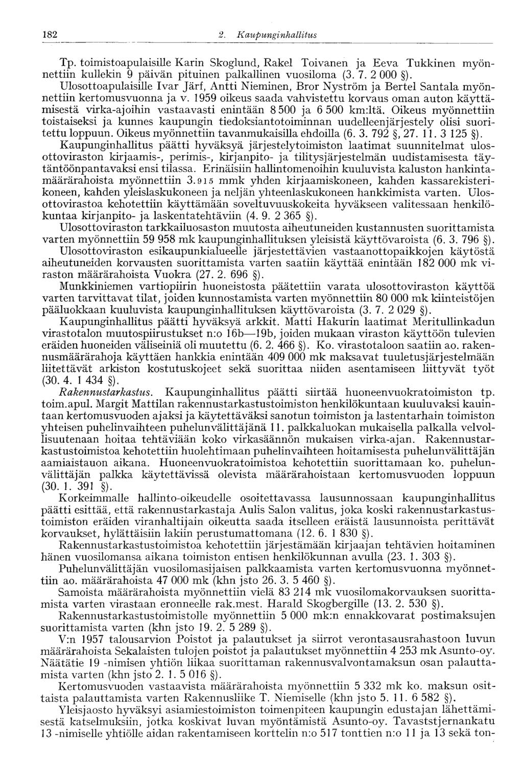 182 2. Kaupunginhallitus Tp. toimistoapulaisille Karin Skoglund, Rakel Toivanen ja Eeva Tukkinen myönnettiin kullekin 9 päivän pituinen palkallinen vuosiloma (3. 7. 2 000 ).
