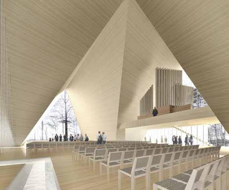 kirkkosali main church space Komeassa ehdotuksessa ristikirkko on sovitettu huolellisesti vanhan kirkon raunioiden