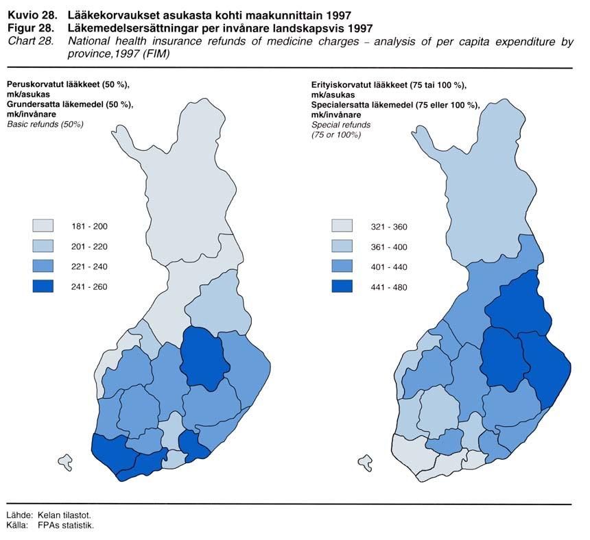 138 SAIRAUSVAKUUTUS 4.2 Korvaukset alueittain Sairausvakuutuksen aluetilastot esitetään vuosikirjassa maakunnittain. Tilastointiperuste on sairausvakuutuskorvauksia saaneen henkilön kotikunta.