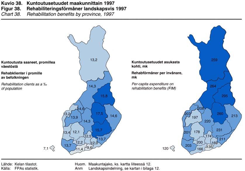 KELAN KUNTOUTUSETUUDET 175 5.2 Kuntoutusetuudet alueittain, sairauksittain ja ammateittain Kuntoutuksen alueittaiset tilastot esitetään vuosikirjassa maakunnittain kuntoutujan kotikunnan mukaan.