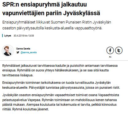 Kuvassa oli mm. Tarja Malinen ensiapuryhmästä. Jyväskylän seurakunnan lehdessä Henki & elämä 2.