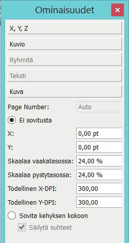 Kuvan lisäys Tee kuvakehys Kuvakehys(I) työkalulla.paina hiiren oikeaa näppäintä ja sieltä valitse kuva. Tai pikanäppäiellä ctrl+i kun kuvakehys on aktiivisena (punainen kehys).