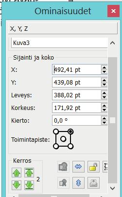 . kerros Kuvaa ja kehystä voit myös muokata Ominaisuudet paneelin valikossa X,Y,Z.