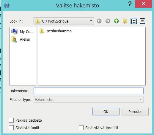 Tallennus Tallentaessasi taittotyötä on huomioitava, että kuvat ja muut liitetyt tiedostot tallentuvat vain linkkeinä. Jos haluat jatkaa työtäsi jollain toisella koneella on sinun Kerättävä asiakirja.