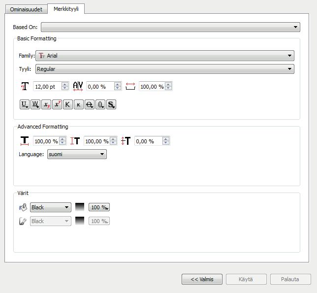 Merkkityylit Tässä merkkityyli välilehdessä voit määritellä kyseessä olevan kappeletyylin muodon, kuten fontin, fontin koon ja värin. 3 4 5 6.