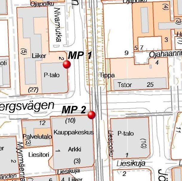 310222 4 (10) 3 Mittauspisteiden sijainnit Mittauspiste Mp 1 sijaitsi osoitteen Myyrmäentie 2 parkkihallirakennuksen sokkelissa Kehäradan kilometriluvulla n. 012+470.