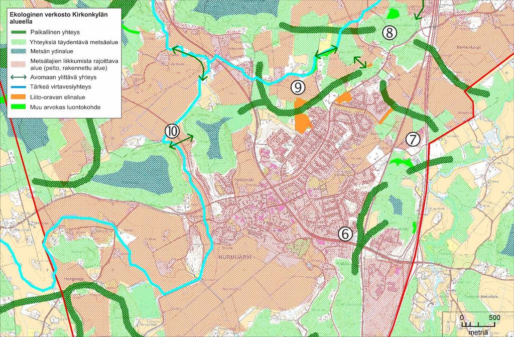 Kuva 9. Kirkonkylän ympäristön ekologinen verkosto. Ekologiset yhteydet kiertävät metsäisten alueiden kautta Kirkonkylän pohjois- ja itäpuolitse.