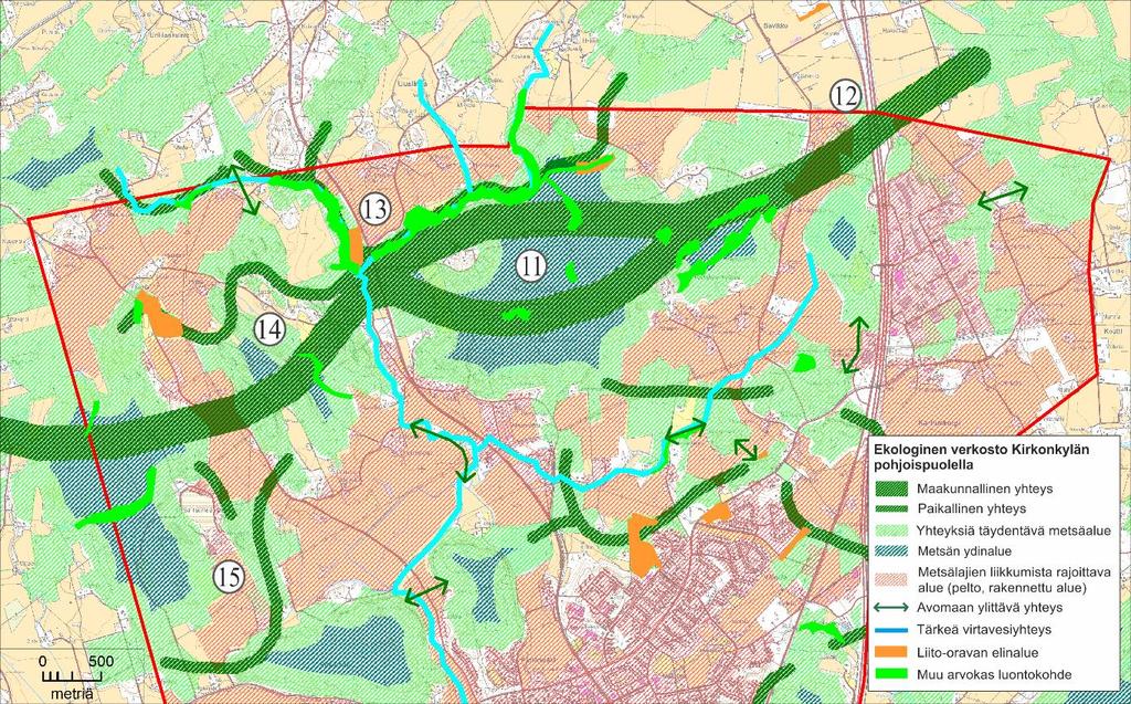 9) Kirkonkylän taajaman pohjoislaidalla oleva hieman katkonainen metsävyö on todennäköisesti tärkeä eläinten liikkumisreitti. Alueella on myös useita liito-oravan elinympäristöjä.