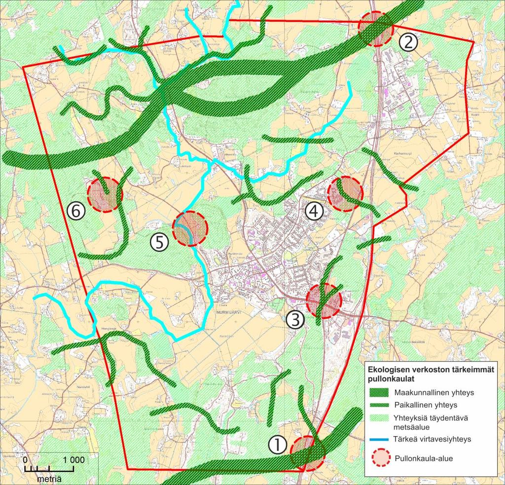 Kuva 11. Kirkonkylän alueen ekologisen verkoston tärkeimmät pullonkaula-alueet. Numerointi viittaa tekstiin.