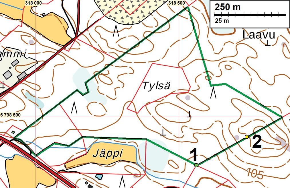 Pohjoisemman alueen kaakkoislaidalla olevat vihreä ja keltainen pallo ovat inventoinneissa havaittuja