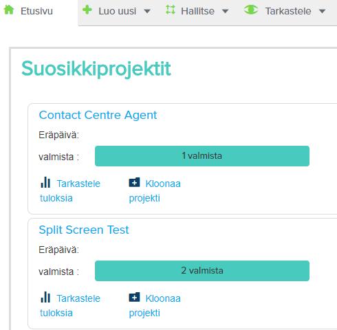 Projektin muokkaaminen ja hallinnointi Voit hallinnoida ja muokata projekteja joko valikkoriviltä tai suoraan jostain etusivulle tallentamistasi suosikkiprojekteista.