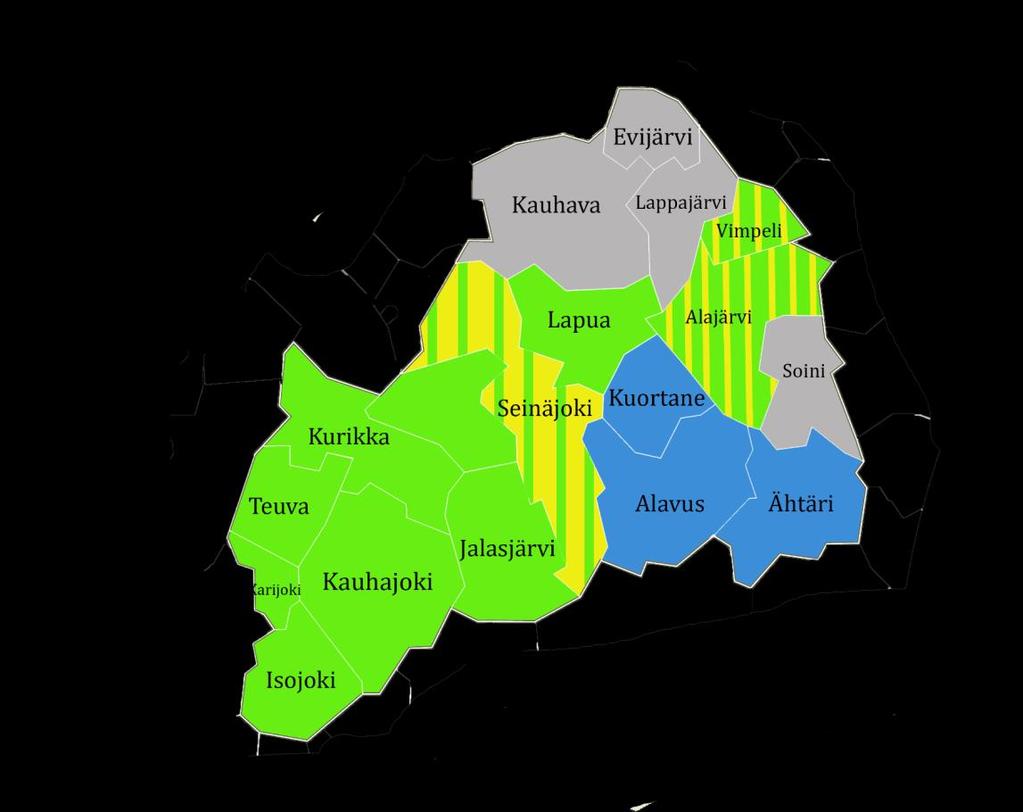 Etelä-Pohjanmaa kuntien yksityisen sektorin laajentaminen Kartan värikoodit kertovat kunnan aikeista laajentaa palvelujaan yksityiselle sektorille Vihreä