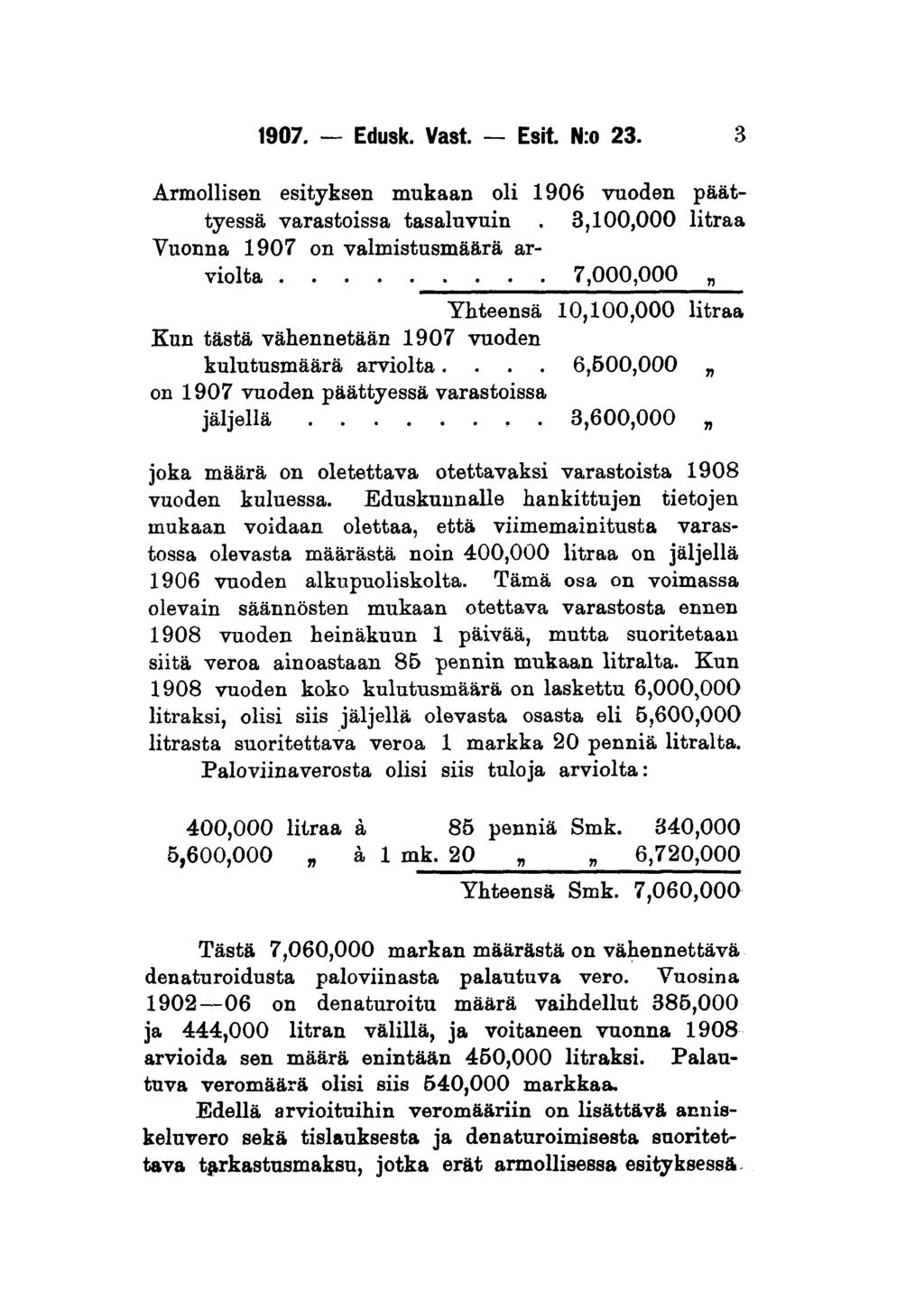 1907. Edusk. Väst. Esit N:o 23. 3 Armollisen esityksen mukaan oli 1906 vuoden päättyessä varastoissa tasaluvuin.