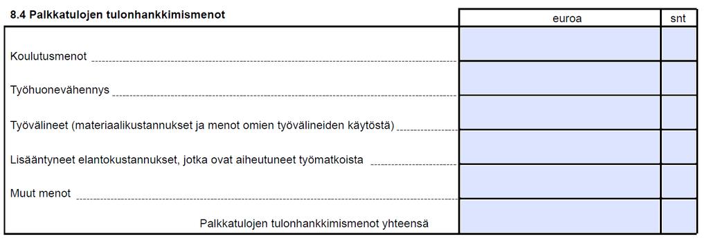 Työmatkasta aiheutuneiden lisääntyneiden elantokustannusten ilmoittaminen