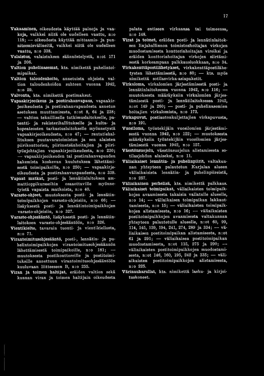 V altion taloudenhoito, annetuista ohjeista v altion taloudenhoidon suhteen vuonna 1942, n :o 29. V alvonta, kts. nim ikettä postim aksut.