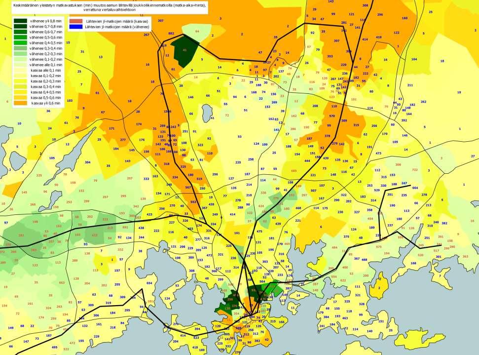 Matkavastuksen (min) muutos aamun lähtevillä jl-matkoilla VE P3 vs.