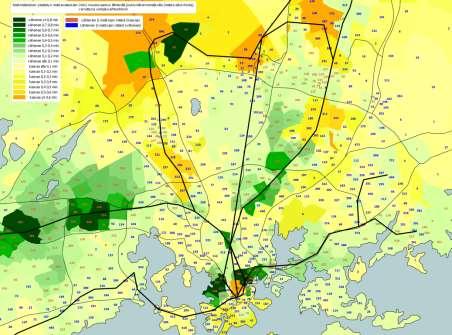 Saavutettavuusmuutokset ja aamuruuhkan matkamäärät Pisararadan eri vaihtoehdoissa Matka-aikojen hidastuminen ympyrälinjalla (VE P3)