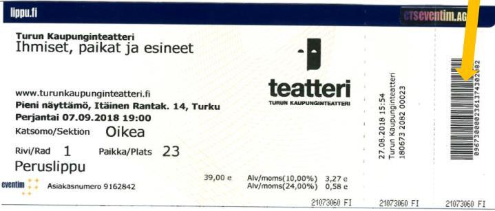 Kuva 2. Esimerkki teatterilipusta ja viivakoodista. Hankkeen aikana toimintoa kokeiltiin Turun kaupunginteatterin lipuissa.