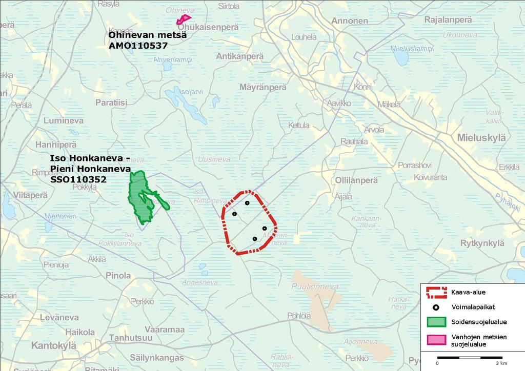 FCG SUUNNITTELU JA TEKNIIKKA OY Haapaveden Rahkolan tuulivoimapuisto 13 (34) Taulukko 4. Hankealuetta lähimmät suojeluohjelmien alueet.