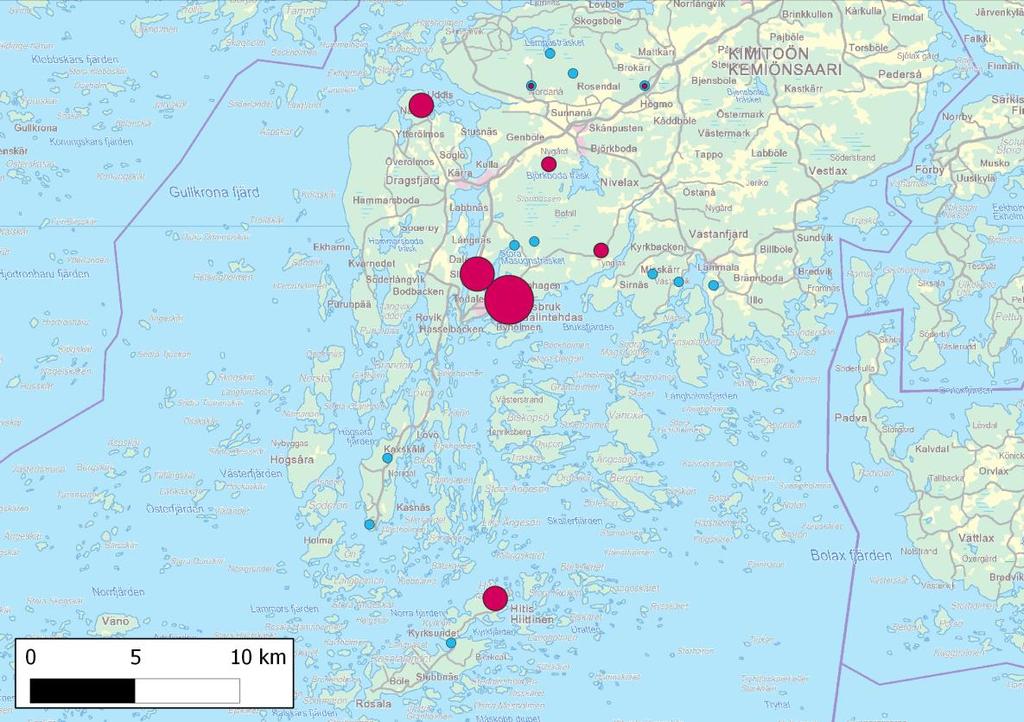 Kuva 32. Pikkulepakkohavaintojen suhteelliset runsaudet GSM-mastoissa 6 metrin korkeudella 2.8. 2.9.213 välisenä aikana. Ympyrän pinta-ala on suhteutettu havaintomääriin.