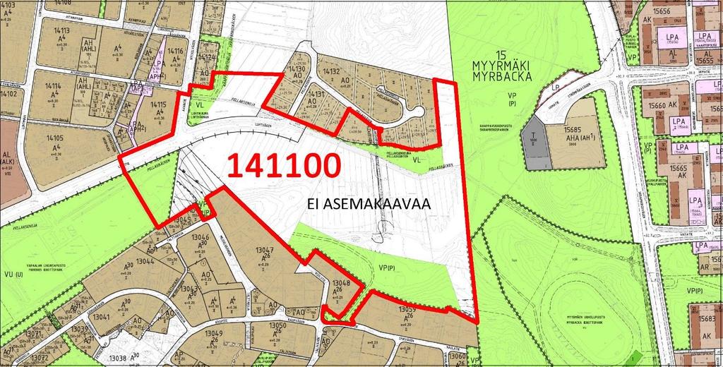 Osallistumis- ja arviointisuunnitelma nro 141100, 19.3.2019 sivu 4 Alueella on voimassa osin vanha rakennuskaava, osin asemakaava ja osa on asemakaavoittamatta. A AHA(AH 1 ) Asuinkortteleita.