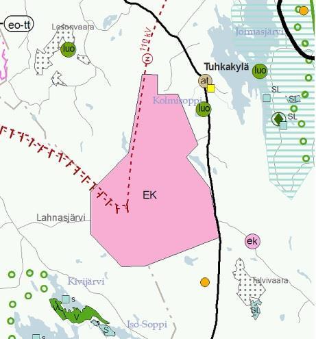 22 Ympäristövaikutusten arviointiohjelma Kuva 5. Ote Kainuun maakuntakaavasta 2020. Terrafame Oy:n kaivospiirialue osoitettu merkinnällä EK. Lähde: Kainuun liitto 2018. 6.