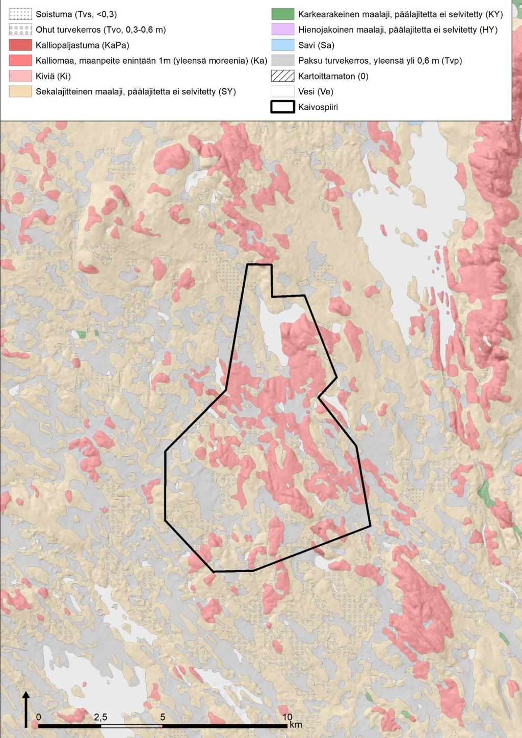 Ympäristövaikutusten arviointiohjelma 27 Kuva 9. Kaivospiirin ja lähialueen pinta- ja pohjamaalajit.