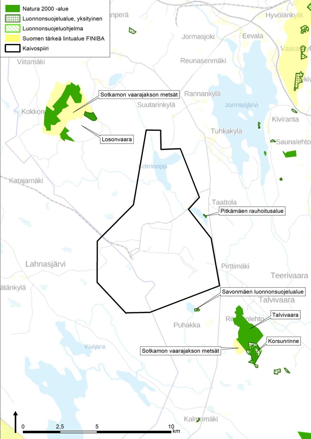 Ympäristövaikutusten arviointiohjelma 33 metsien suojeluohjelma) sekä FINIBA-alueen (Sotkamon vaarajakson metsät) -statukset (Kuva 13).