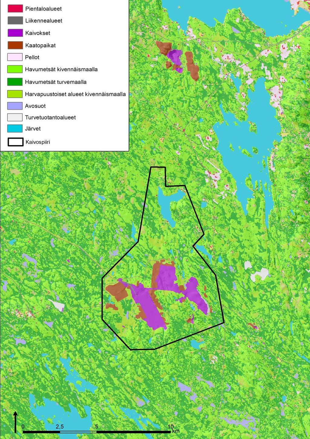 Ympäristövaikutusten arviointiohjelma 35 7.9 Maankäyttö Kaivospiirin lähialueet ovat pääasiassa havumetsiä sekä harvapuustoisia alueita (Kuva 15).