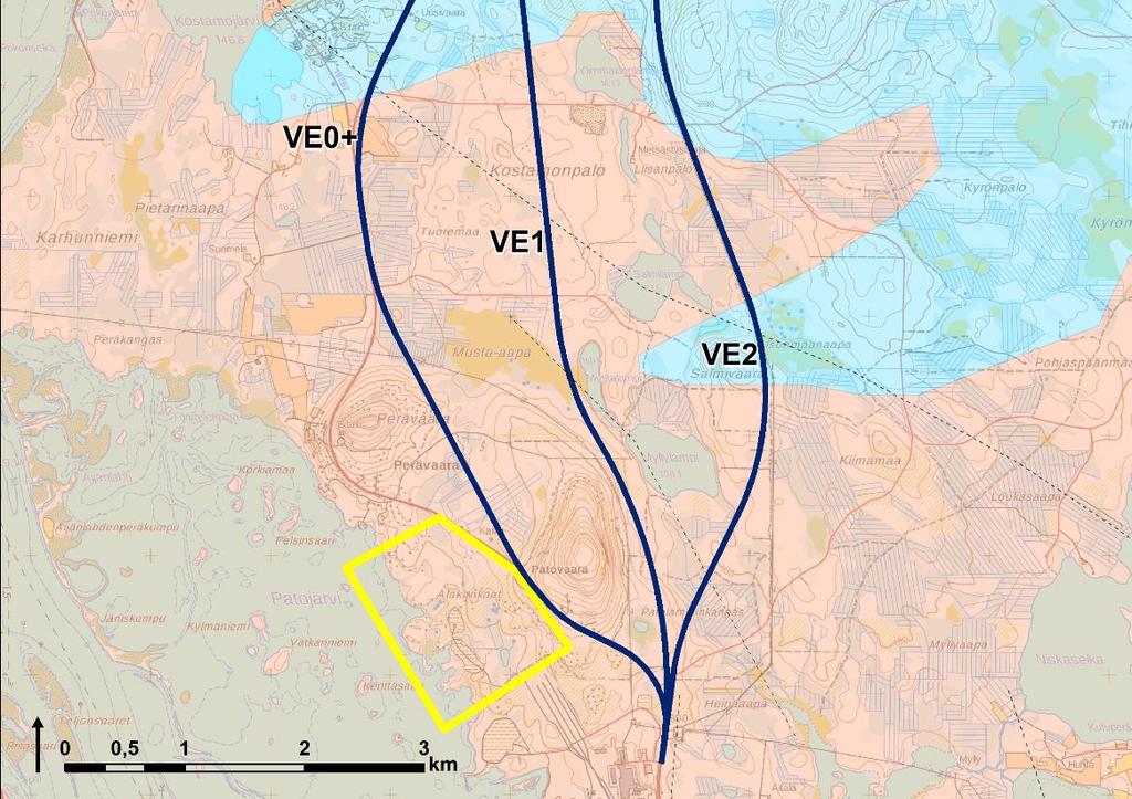 Korkeimmillaan maasto on Sortoselällä itäisen vaihtoehtolinjauksen puolivälissä itäpuolella (180-252,5 m) sekä Patovaaralla läntisen ja keskisen vaihtoehtolinjauksen välissä, linjauksen