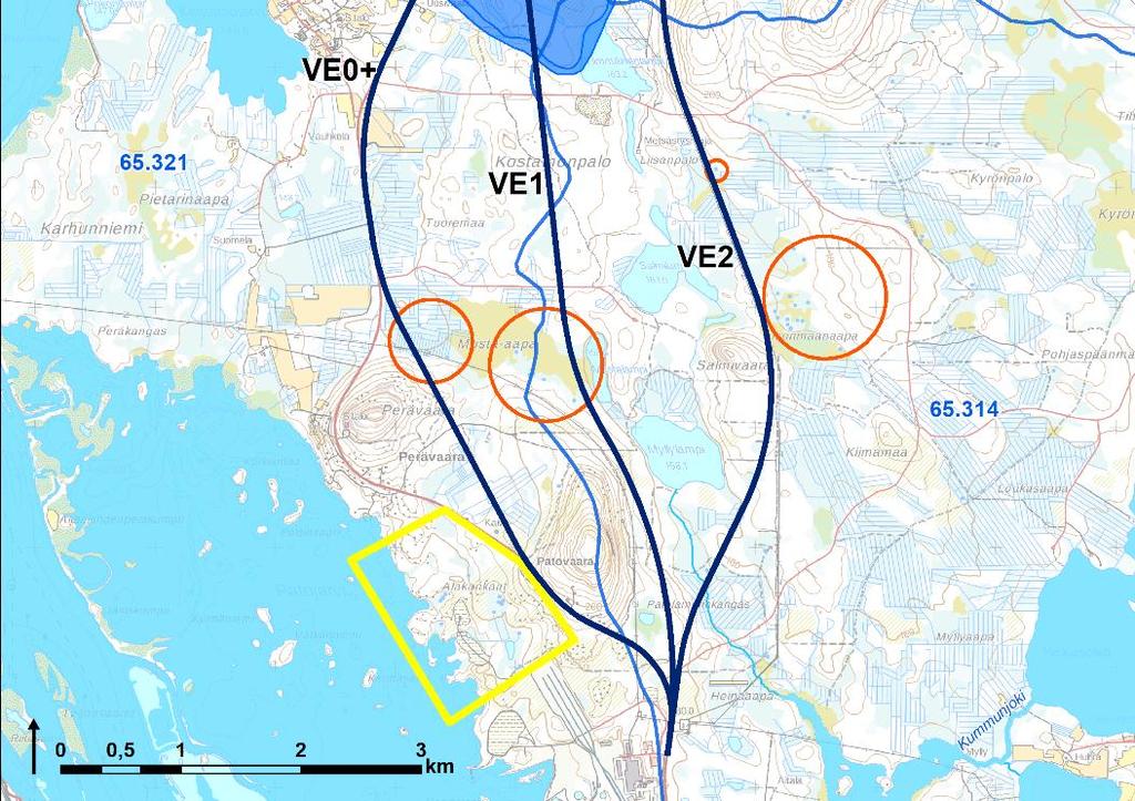VE1 Linjausvaihtoehto VE1 ylittää ojia ja puroja sekä Kemijoen samasta kohdasta kuin läntinen linjausvaihtoehto. Lisäksi se ohittaa useita lampia noin 90-500 metrin etäisyydeltä.