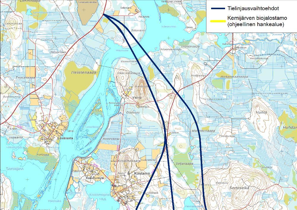 14.2.2019 5 (34) VE1: Uusi linjaus alkaa Keitele Forestin sahan kohdalta maantiellä 9643 ja sivuaa suunnitteilla olevaa biojalostamoa.