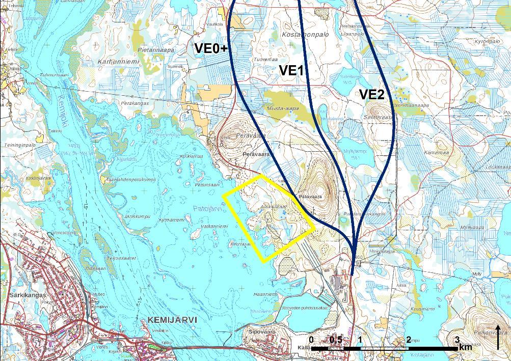 Reitti ylittää Kostamonpalon ja yhtyy läntisen vaihtoehdon reittilinjaukseen Kostamonpalon vedenottamon jälkeen.