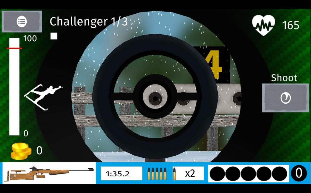 3 2.2 Biathlon x1 -pelin kulku Ammunnassa peli simuloi tähtäimen heilunnan ja pelaajan on ajoitettava ampuminen oikein. Jokaisen lätkän kohdalla on ajastin, joka mittaa tähtäysajan.