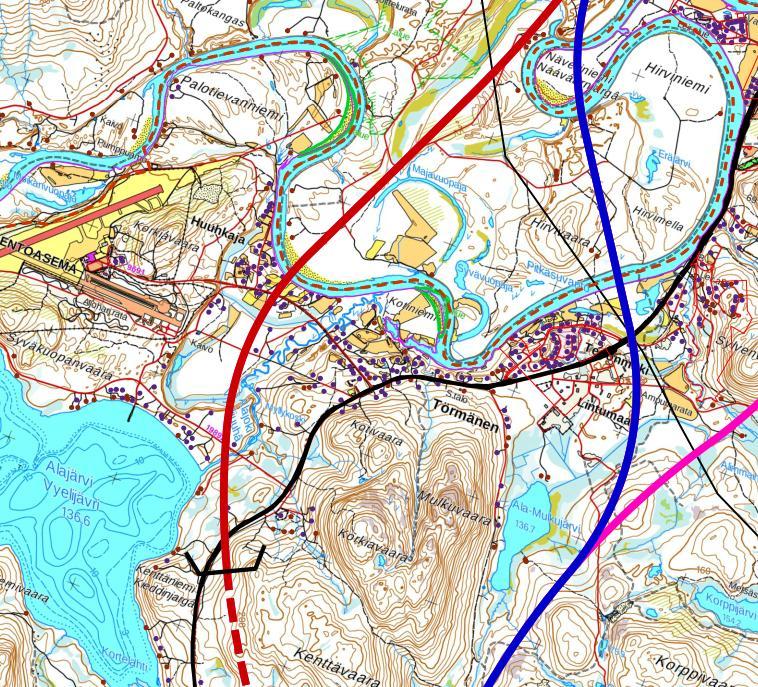 Pohjois-Lapin maakuntakaava 2040 30/40 Törmäsen kylän kohdalla läntinen vaihtoehto 3D1 sijoittuu kylän välittömään läheisyyteen kulkien Alajärven itäpuolitse ja ylittäen Ivalonjoen Huuhkajan kohdalla.